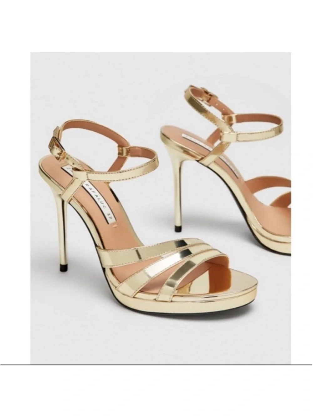 Zara Trafaluc Shiny Metallic Gold Strappy High Heel Sandals